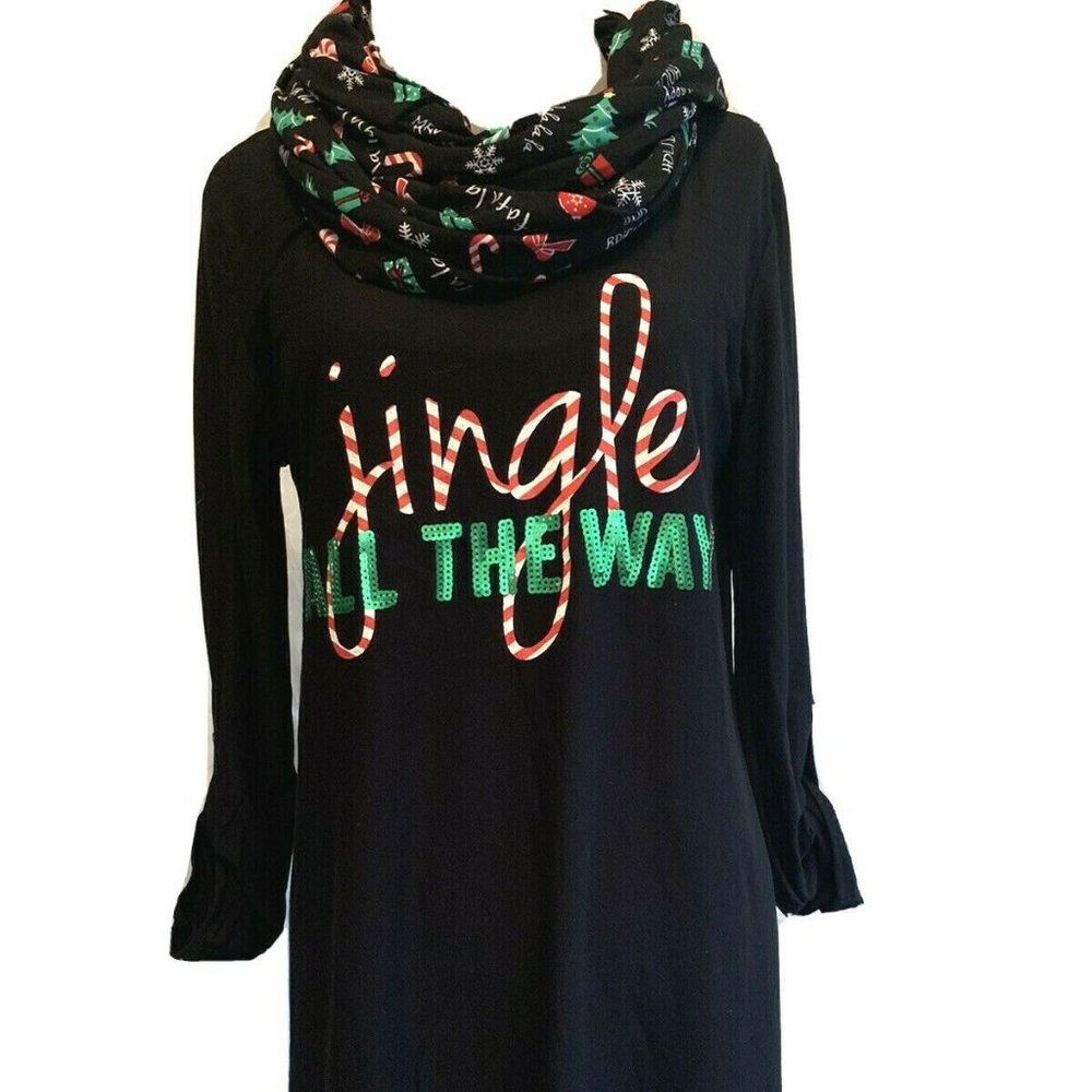 NEW Jingle All The Way Sequin Black Tunic & Scarf Large & Medium